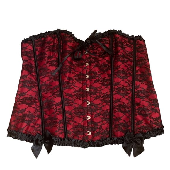 Corset Bustier Red & Black Lace Ruffle Trim Bow Accents Hook Front Closure Sz 6X - Picture 3 of 11
